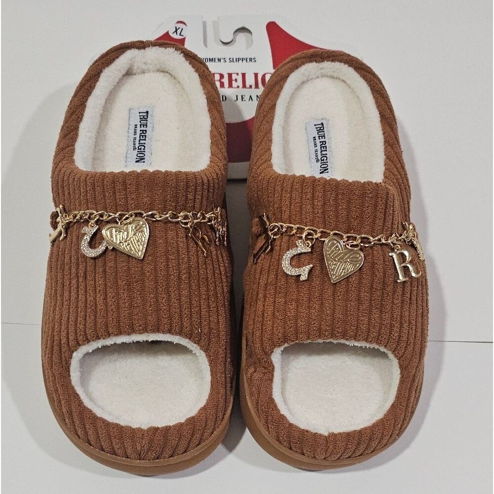 True Religion Brown Slippers with Gold Accents Terry Cloth XL 9 1/2 10 1/12